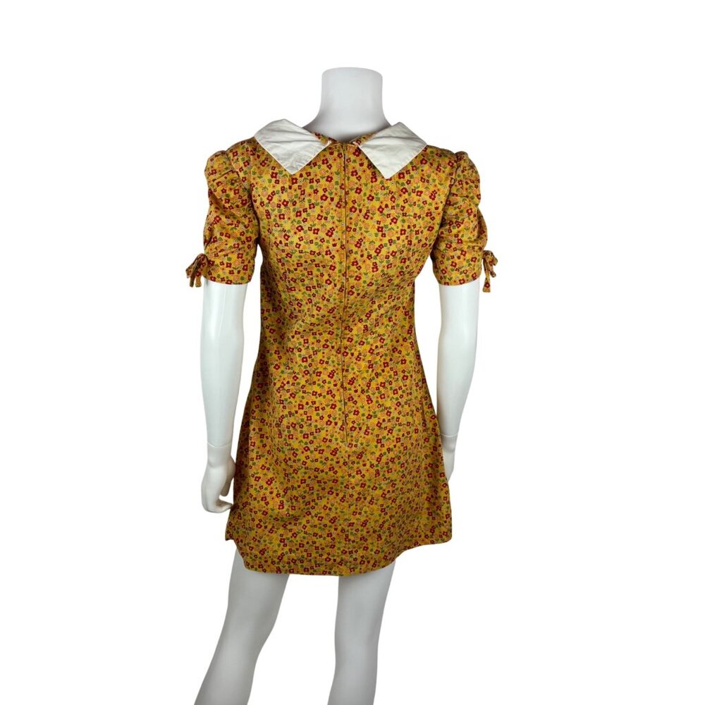 Vintage 60s Mod Mini Dress Womens Small Yellow Floral Peter Pan Collar Handmade - Picture 10 of 11